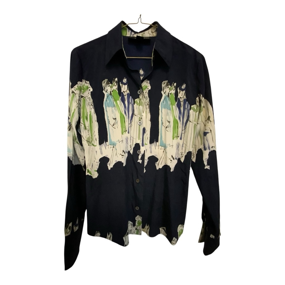 Ellen Tracy Silk Navy White Abstract Print Button Down Size 6 - Picture 2 of 7